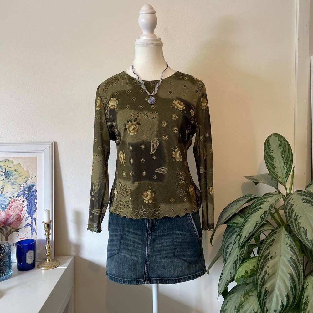 vintage y2k whimsigoth patchwork blouse mesh sleeves sz L green Boho Whimsigoth